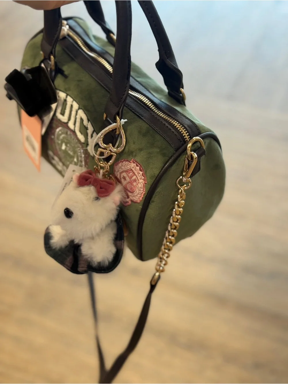 Juicy Couture Olive Green Logo Satchel with Plush Charm